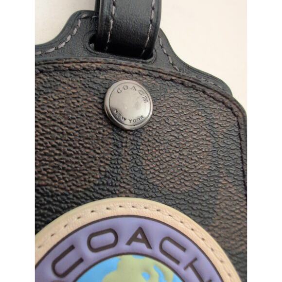 Coach Signature Jacquard Luggage Tag Airplane Globe Patch Leather Strap - Picture 2 of 6